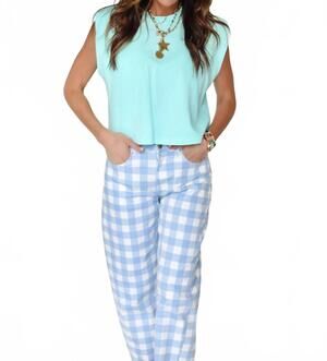 NEW POPPY & PINE gingham barrel pants in blue